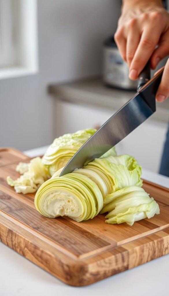A wooden cutting board rests on a clean, white kitchen counter. Sharp chef's knife in hand, a person's hands carefully slicing a fresh green cabbage into thick, even wedges. The bright, crisp texture of the cabbage is visible, with the knife gliding through the dense leaves. Soft, indirect lighting from a nearby window casts a gentle glow, highlighting the vivid colors and textures. The scene exudes a sense of precision, focus, and the gratifying preparation of a simple yet flavorful ingredient. A wooden cutting board rests on a clean, white kitchen counter. Sharp chef's knife in hand, a person's hands carefully slicing a fresh green cabbage into thick, even wedges. The bright, crisp texture of the cabbage is visible, with the knife gliding through the dense leaves. Soft, indirect lighting from a nearby window casts a gentle glow, highlighting the vivid colors and textures. The scene exudes a sense of precision, focus, and the gratifying preparation of a simple yet flavorful ingredient.