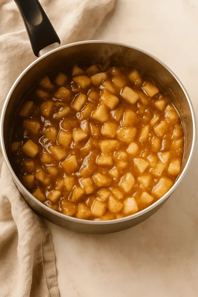 Apple pie filling cooking in a saucepan with sugar and spices.