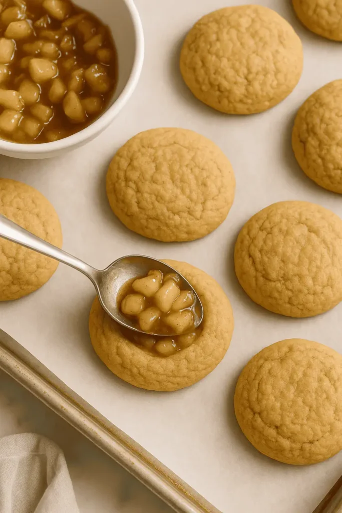 Apple filling being spooned into the center of a baked cookie.