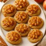 Apple pie cookies topped with spiced apple filling and caramel drizzle on a serving platter.