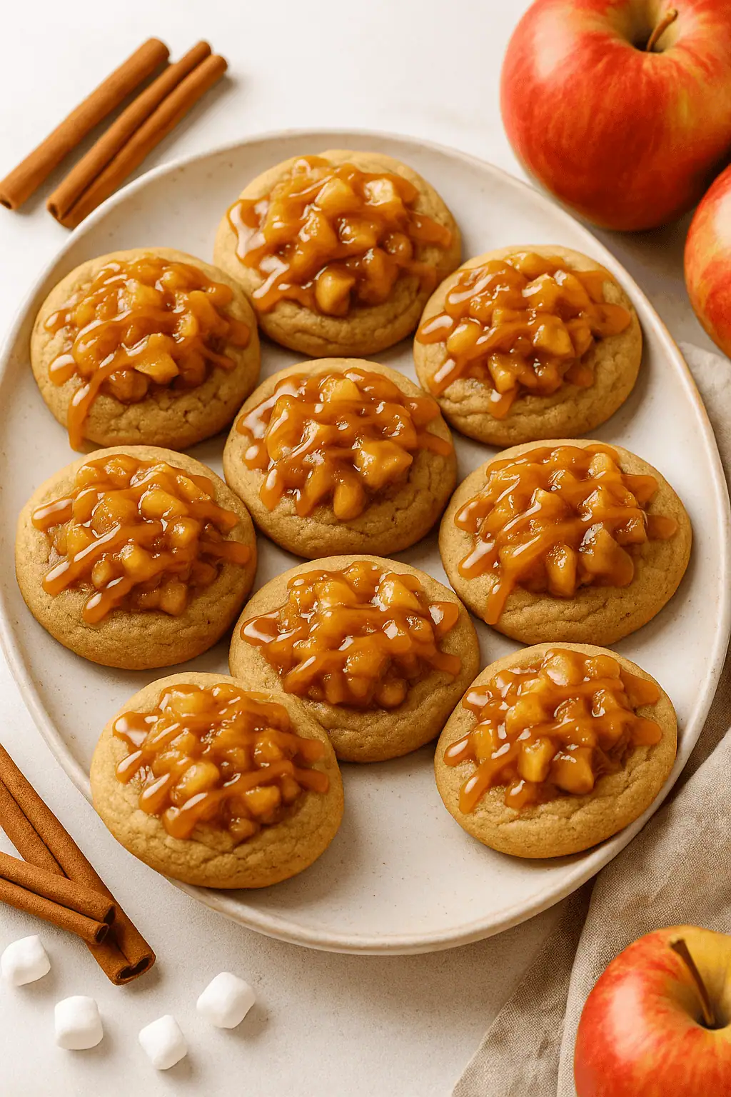 Apple pie cookies topped with spiced apple filling and caramel drizzle on a serving platter.