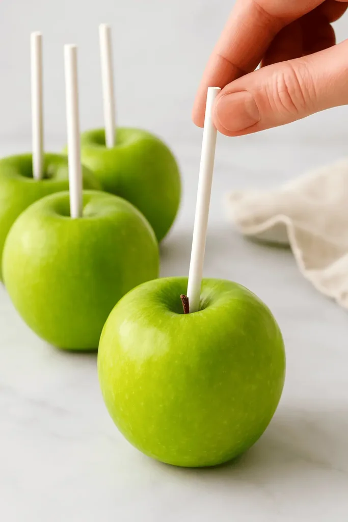 Prep the apples. Insert lollipop sticks or wooden craft sticks into the core of each apple at the stem