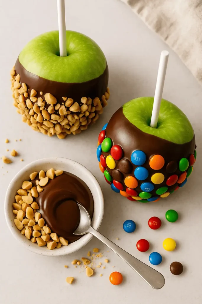 Add toppings. Roll dipped apples in peanuts or M&Mβs, or press toppings directly onto the chocolate.