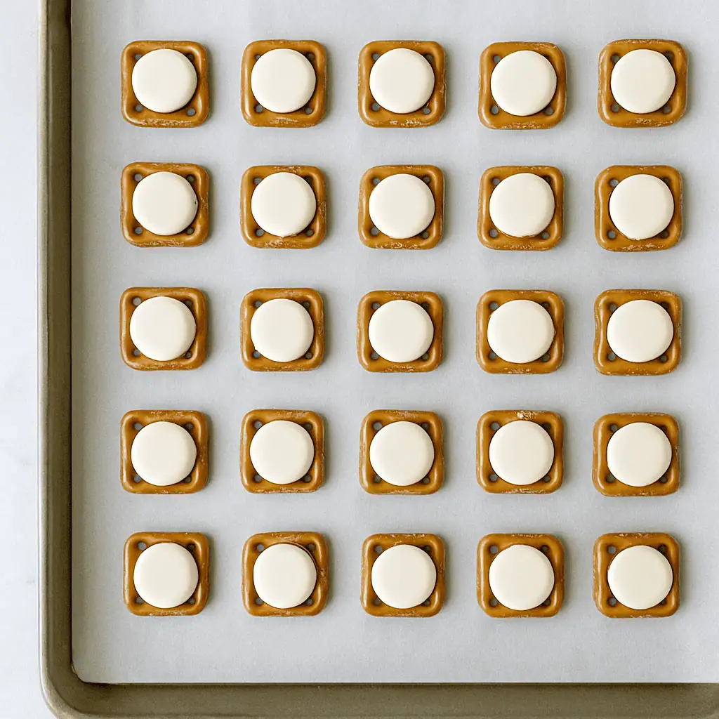 Square pretzels lined up on a parchment-lined baking sheet.