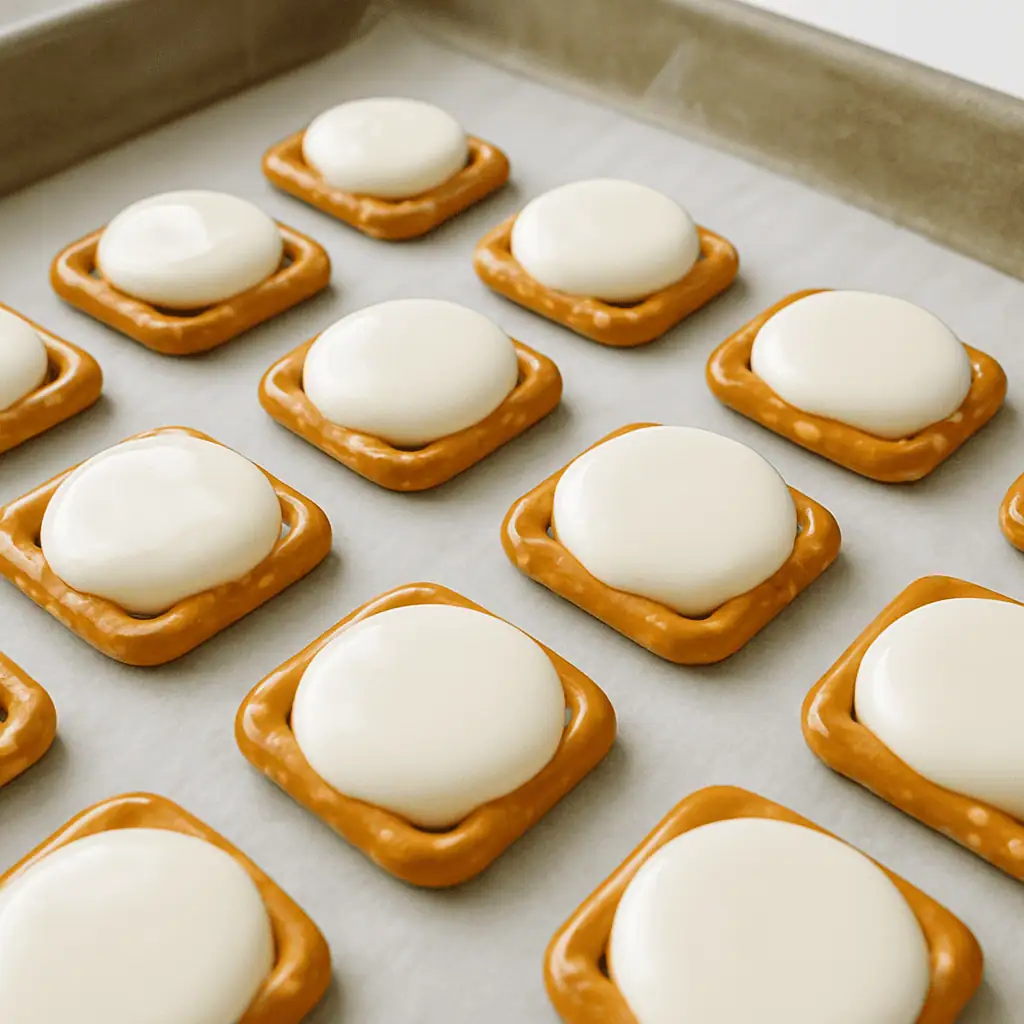White chocolate candy melts placed on top of square pretzels.