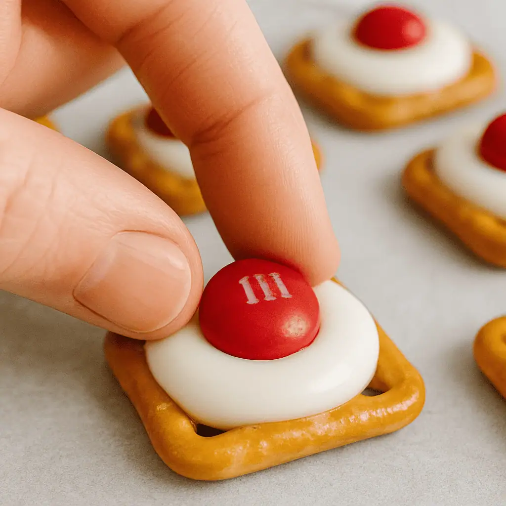 Softened white candy melts on pretzels after a brief bake.