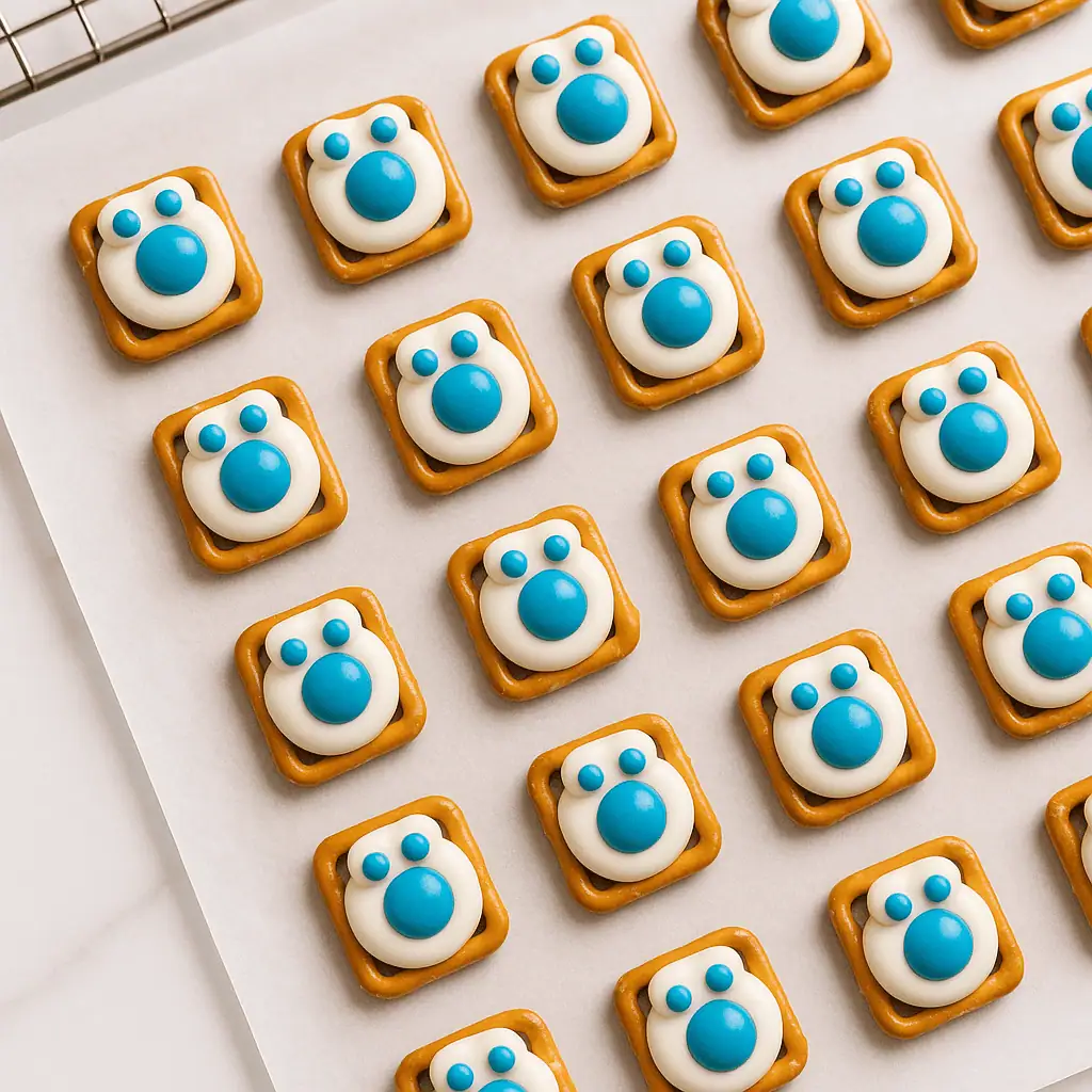 Hand pressing a regular M&M into softened white chocolate on a pretzel.