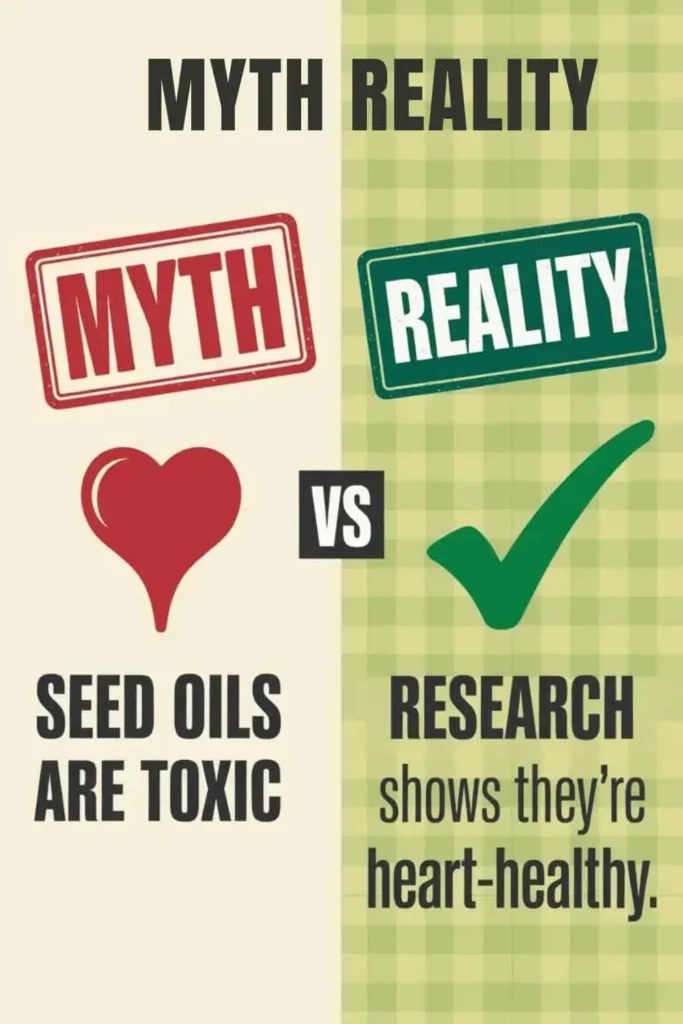 Split graphic showing cooking oil myths versus science-backed facts, highlighting seed oils and olive oil stability.