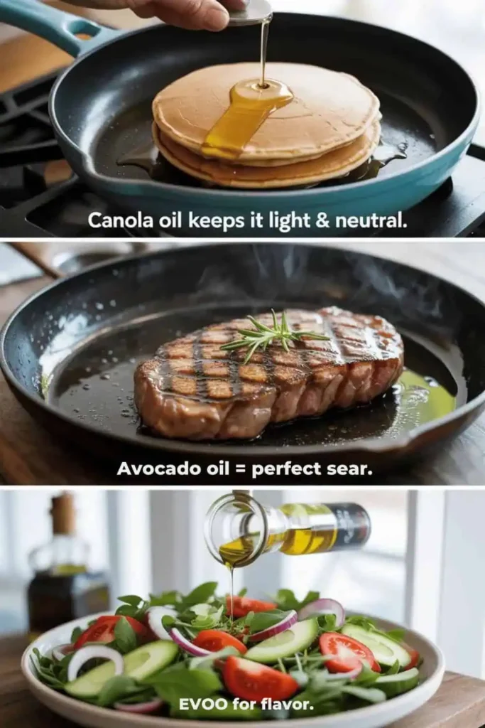 Pancakes: "Stack of fluffy pancakes cooked in canola oil with maple syrup drizzle."Steak: "Seared steak in a cast iron skillet using avocado oil for high heat."Salad: "Fresh salad with extra virgin olive oil drizzle for flavor."