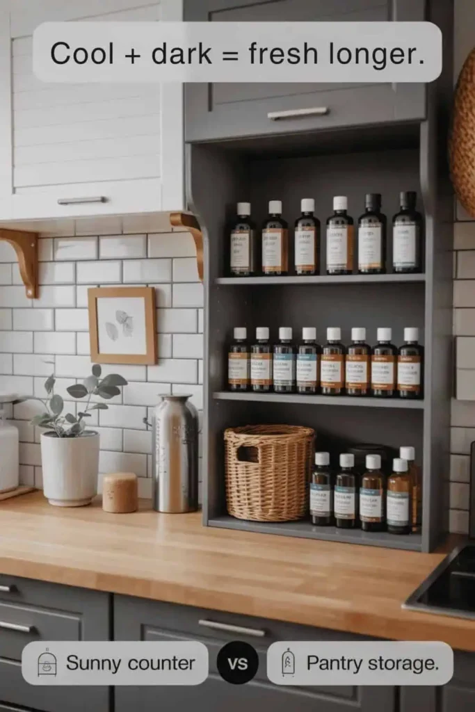 Dark pantry shelf with cooking oils stored in glass bottles, showing proper storage to keep oils fresh