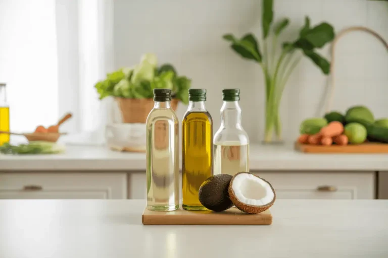 Clean kitchen counter with bottles of canola, olive, and avocado oil next to fresh vegetables, representing simple healthy cooking choices