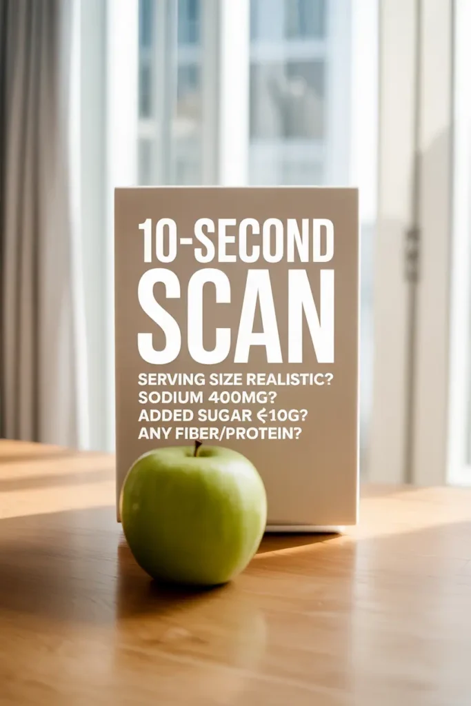 Quick reference infographic showing a 10-second scan: serving size, sodium under 400mg, sugar under 10g, fiber and protein check