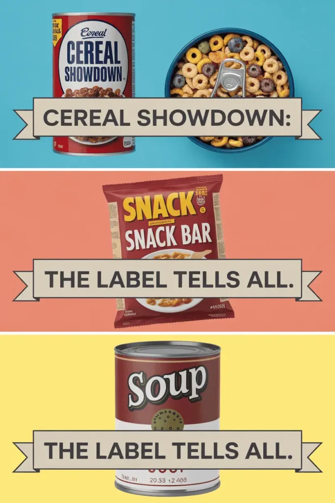 Collage of three nutrition label examples: cereal boxes, a snack bar, and a canned soup, highlighting hidden sugars and sodium