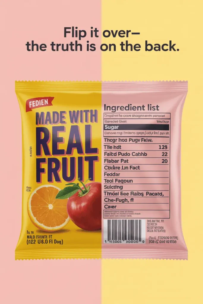Front-of-package claim like ‘Made with Real Fruit’ contrasted with the ingredient list showing sugar at the top.