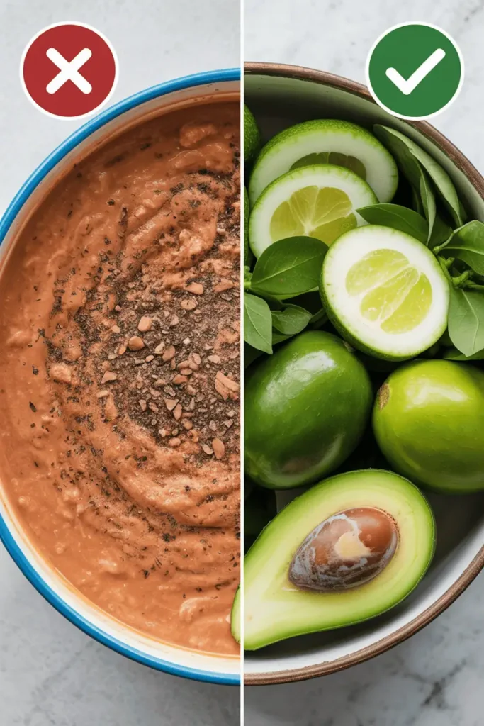 Split graphic of two ingredient lists: one long and confusing with additives, the other short and simple with whole foods.