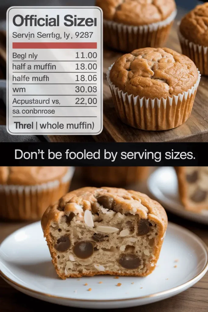 Comparison of an official tiny serving size, like half a muffin, versus the full portion most people actually eat.