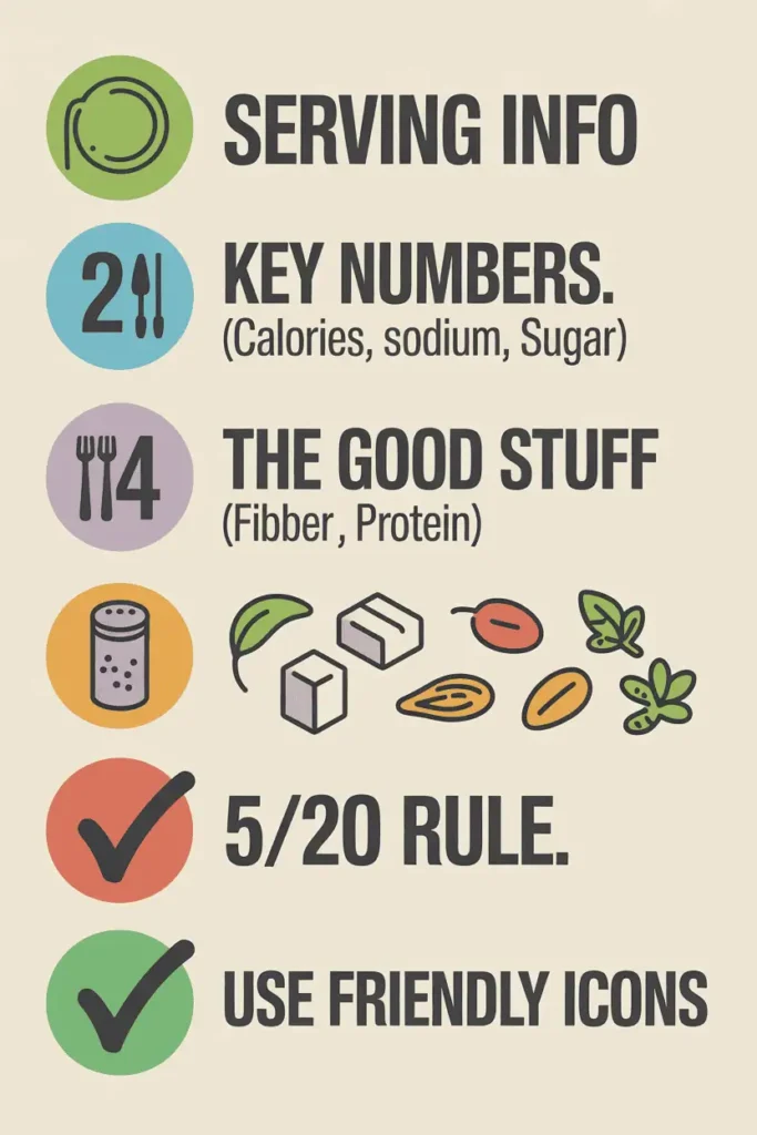nfographic showing the 4-step nutrition label scan: serving size, calories/sodium/sugar, fiber/protein, and the 5/20 rule
