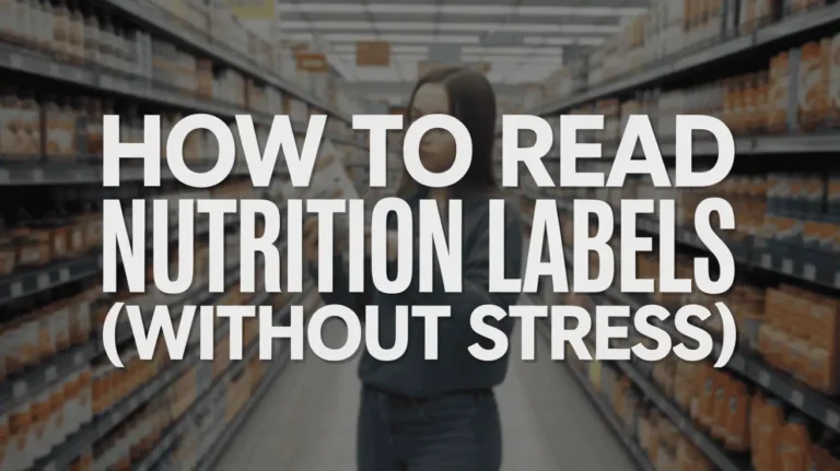 Person holding a packaged food in the grocery aisle, reading the nutrition label with shelves blurred in the background.