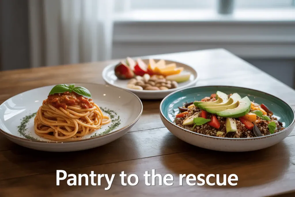 Side-by-side comparison of a messy, cluttered pantry versus an organized pantry with clear containers.