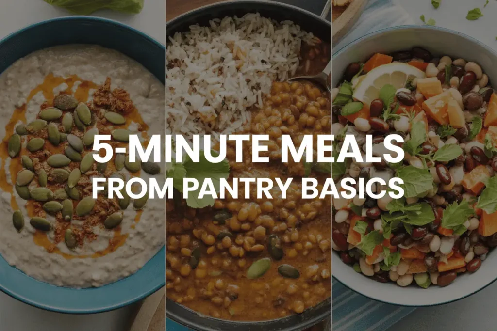 Three meals made from pantry staples: savory oatmeal with egg, lentil curry, and bean salad