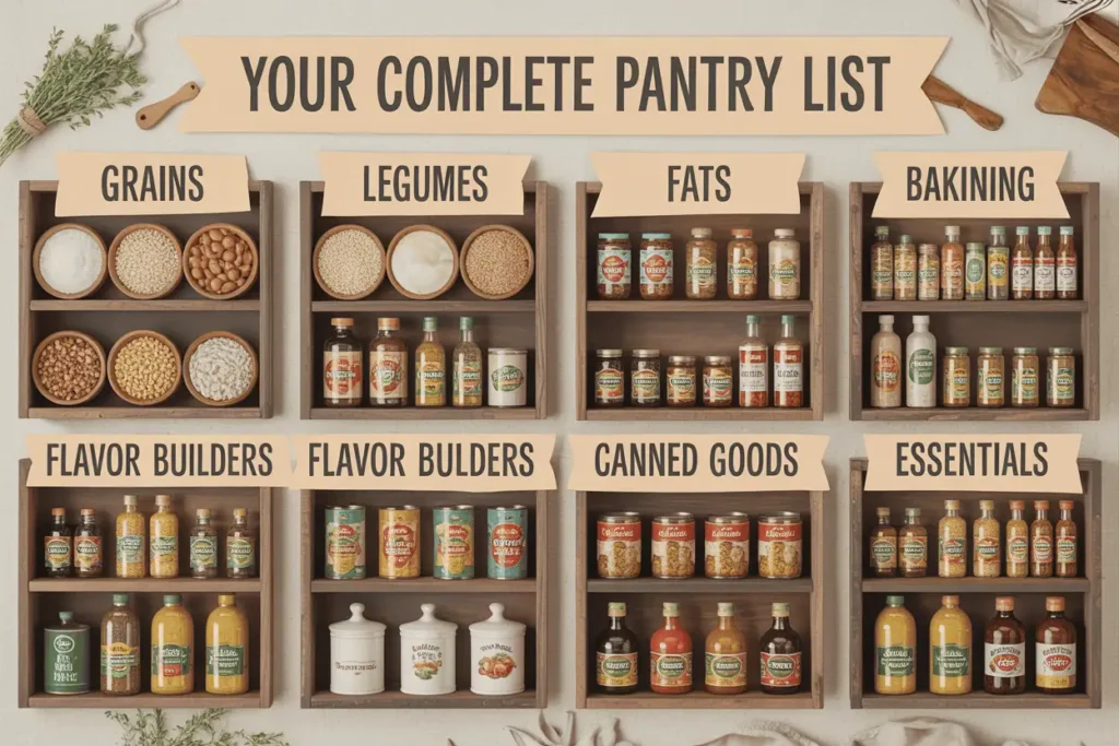 Collage of pantry items organized by category: grains, legumes, fats, flavor boosters, canned goods, baking essentials