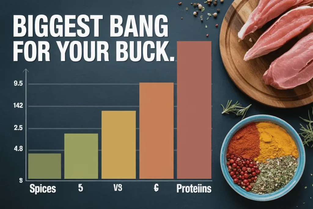 Bar chart showing cost-benefit value of pantry staples, with spices ranked highest compared to proteins