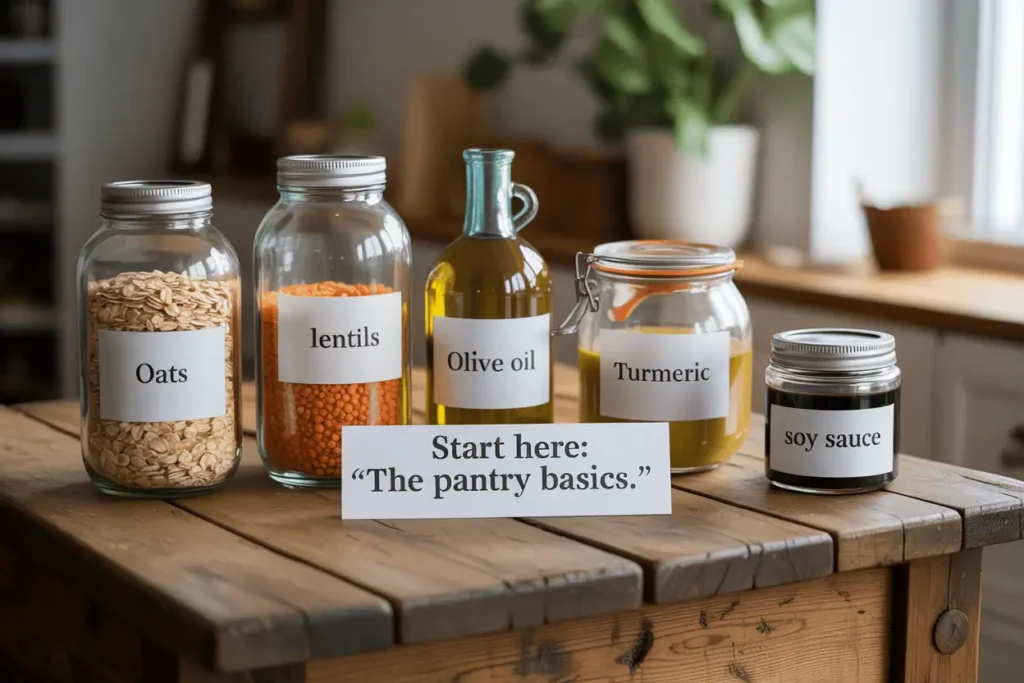 Infographic of the top five pantry staples: oats, lentils, olive oil, turmeric, soy sauce.