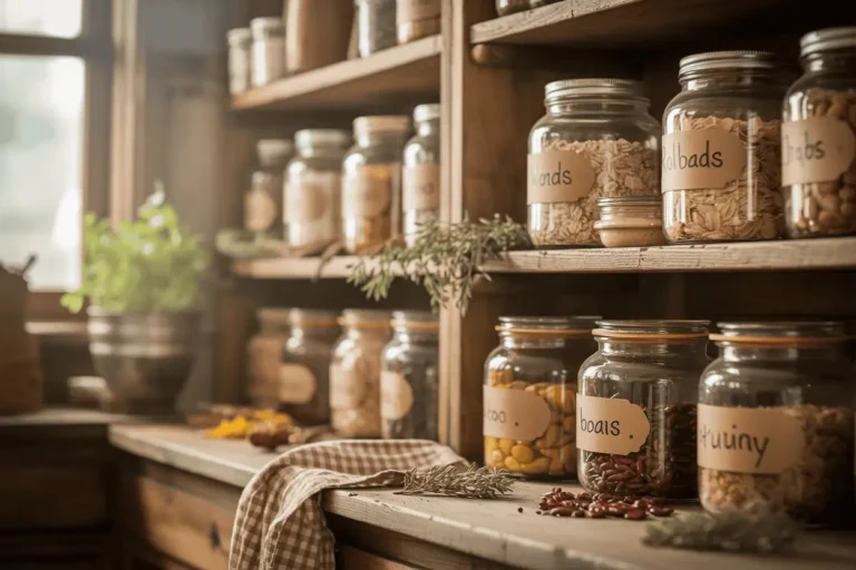 Pantry shelf with jars of grains, beans, and spices organized in glass containers