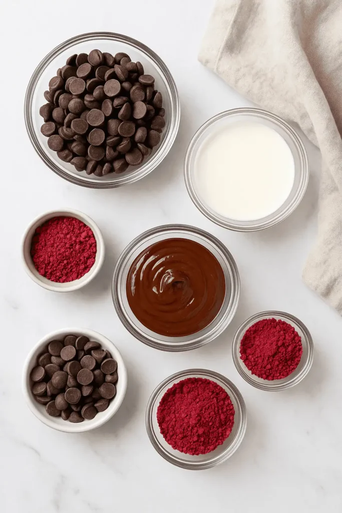 Ingredients for raspberry chocolate truffles arranged on a marble surface.