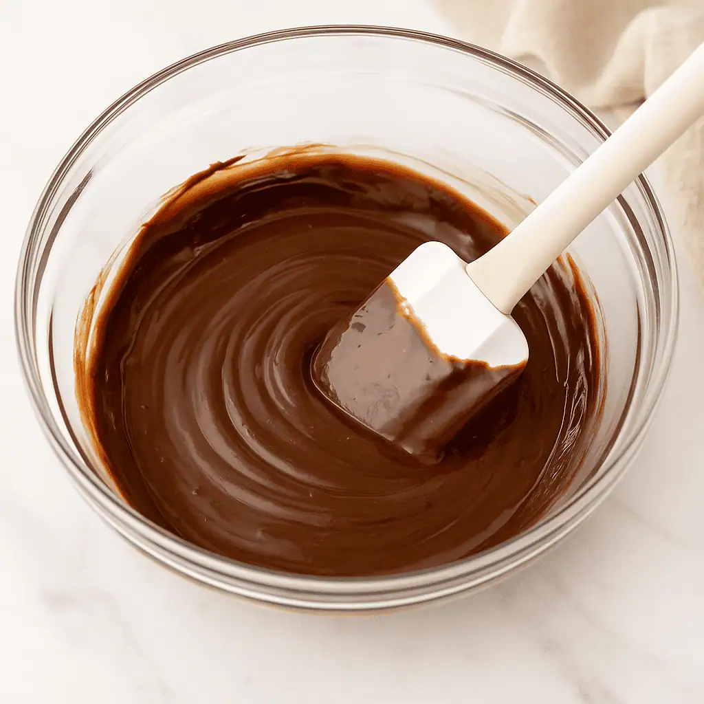 Chocolate chips and cream melted together in a glass bowl.