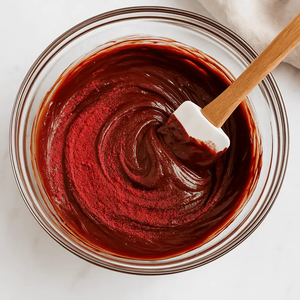 Raspberry powder mixed into melted chocolate in a bowl.