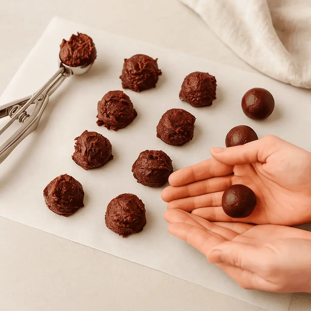 Chocolate truffle mixture scooped and rolled into balls on parchment.