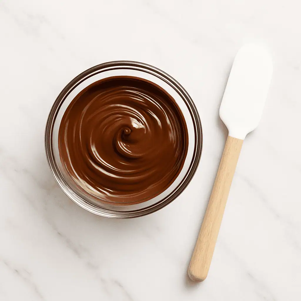 Melted chocolate in a small glass bowl for truffle coating.