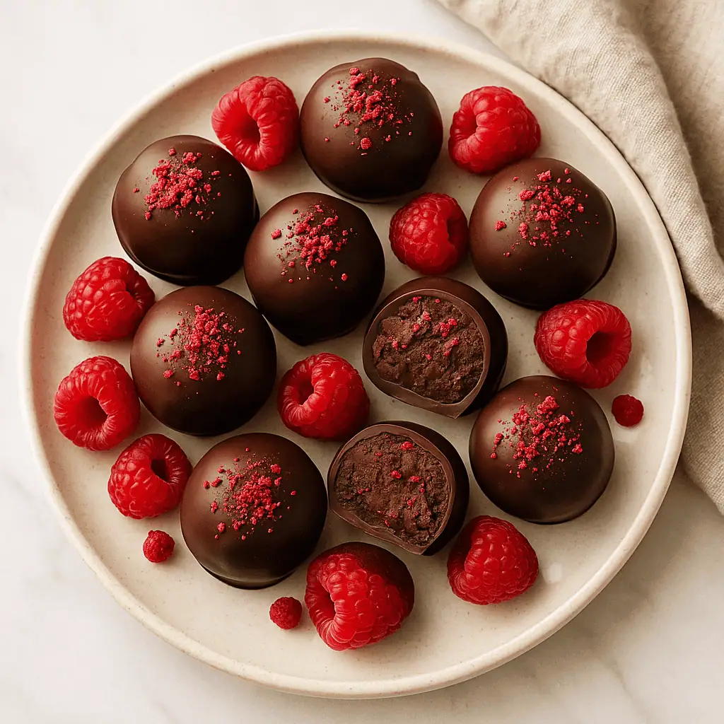 Raspberry chocolate truffles arranged on a plate, some cut open with raspberry garnish.