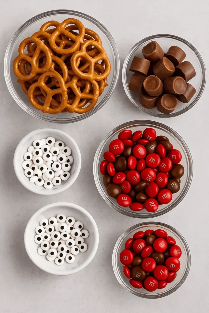 Overhead view of pretzels, Rolos, candy eyes, and M&Ms for making reindeer pretzel bites.