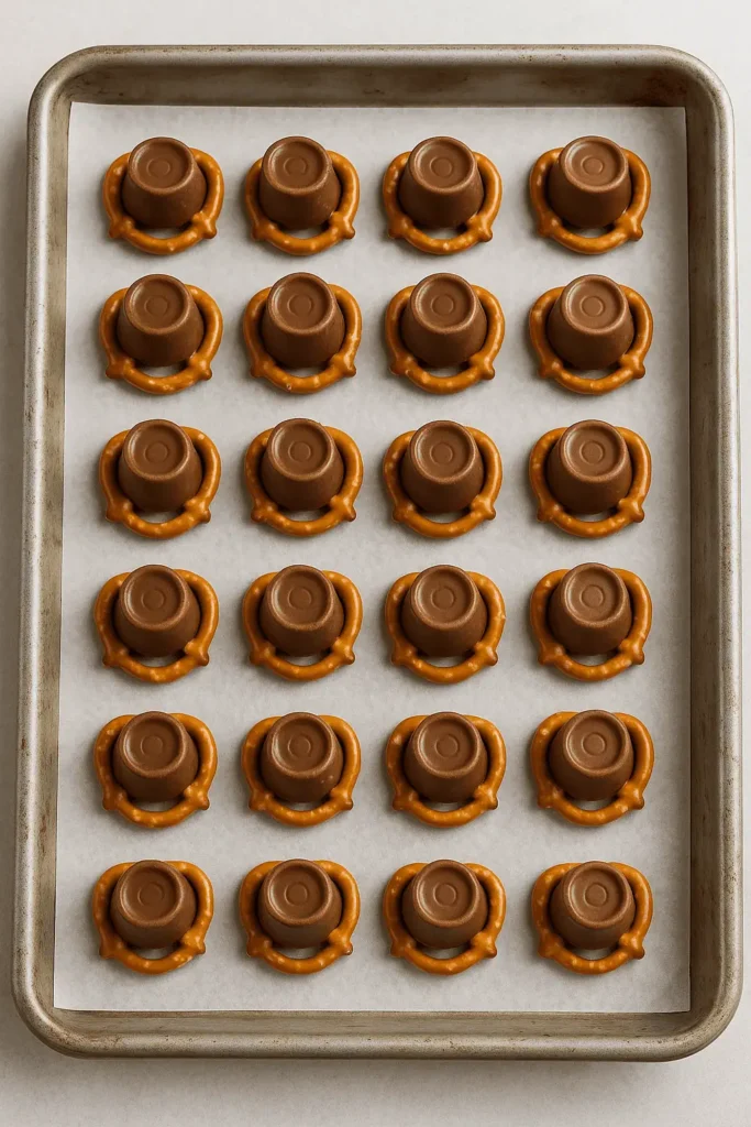 Softened Rolos with pretzel antlers pressed in on a baking tray