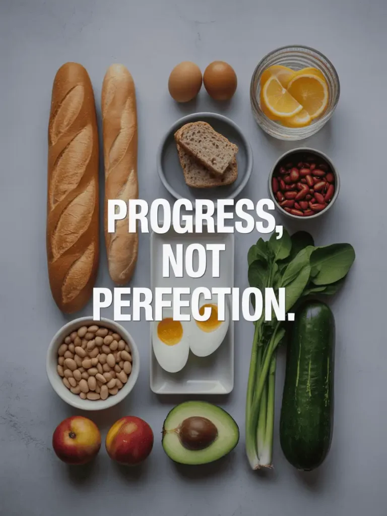 Flat lay of simple foods like bread, beans, vegetables, and fruit with the phrase 'Progress, Not Perfection'