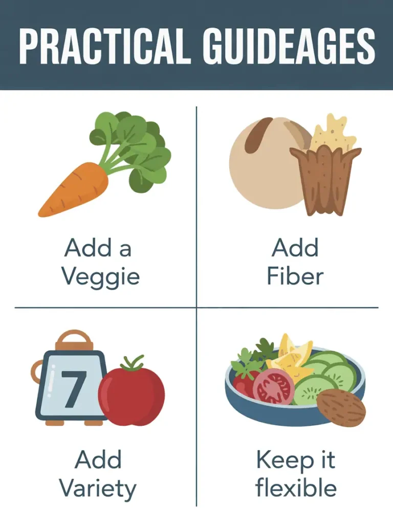 Collage of four healthy eating tips: add vegetables, add fiber, add variety, keep it flexible