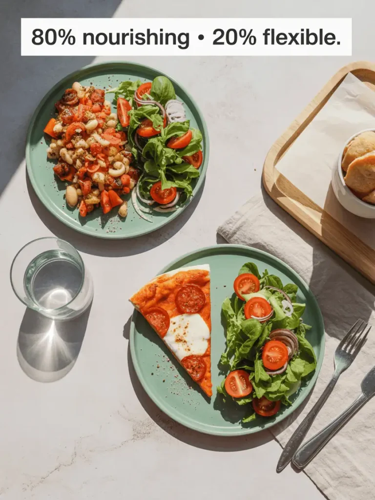 Side-by-side comparison of a balanced meal and pizza with salad, showing the 80/20 healthy eating guideline