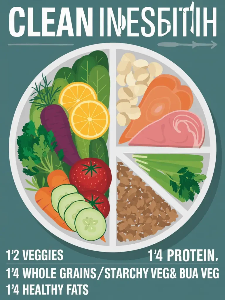 Illustration of a balanced plate with half vegetables and fruits, quarter protein, quarter whole grains, plus healthy fats.