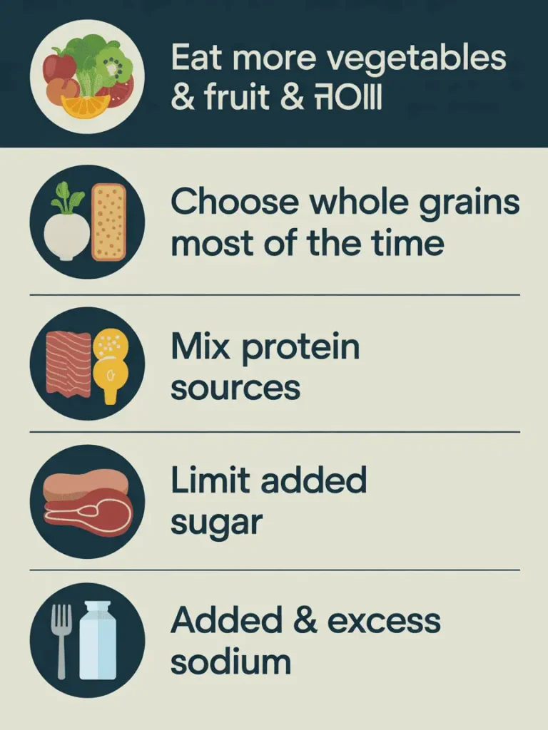 nfographic with four evidence-based nutrition guidelines: more produce, whole grains, protein variety, less added sugar and sodium.