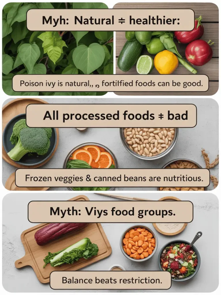 Graphic showing common clean eating myths contrasted with science-based realities