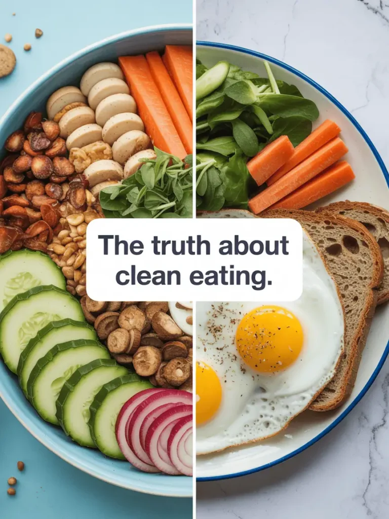 Comparison of a flashy Instagram 'clean eating' bowl and a simple balanced meal with toast, eggs, and vegetables